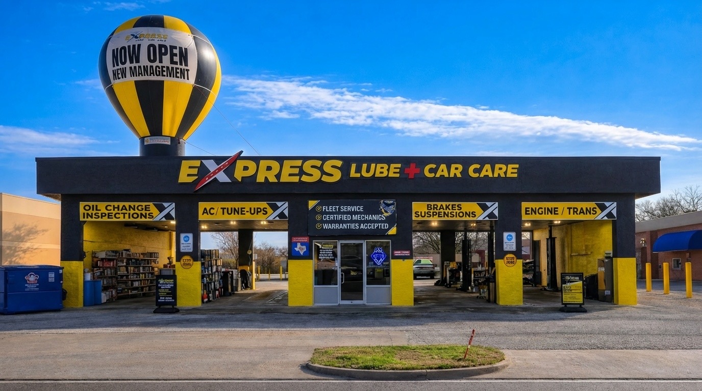 Express Lube car care shop with now open sign